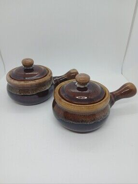 ​Vintage 70s Brown Drip Glaze Ceramic French Onion Soup Bowls Crocks Lids Set